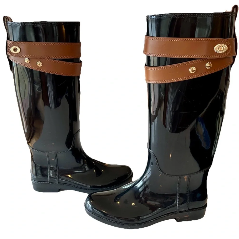 Coach Talia Knee High Rain Boots 9 Glossy Black Brown Buckle Preppy Outdoors
